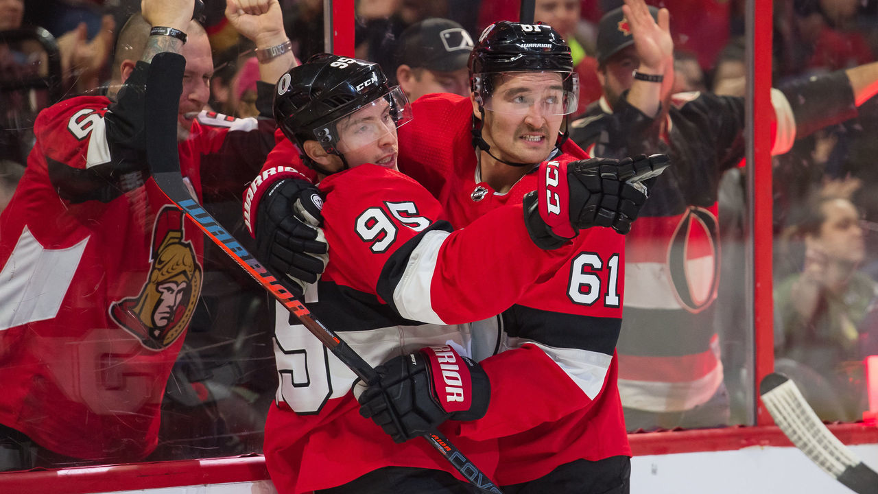 OTTAWA, ON - NOVEMBER 08: Ottawa Senators Center Matt Duchene (95) and Ottawa Senators Right Wing Mark Stone (61) celebrate a second period goal against the Vegas Golden Knights during the NHL game on November 8, 2018 at the Canadian Tire Centre in Ottawa, Ontario, Canada.