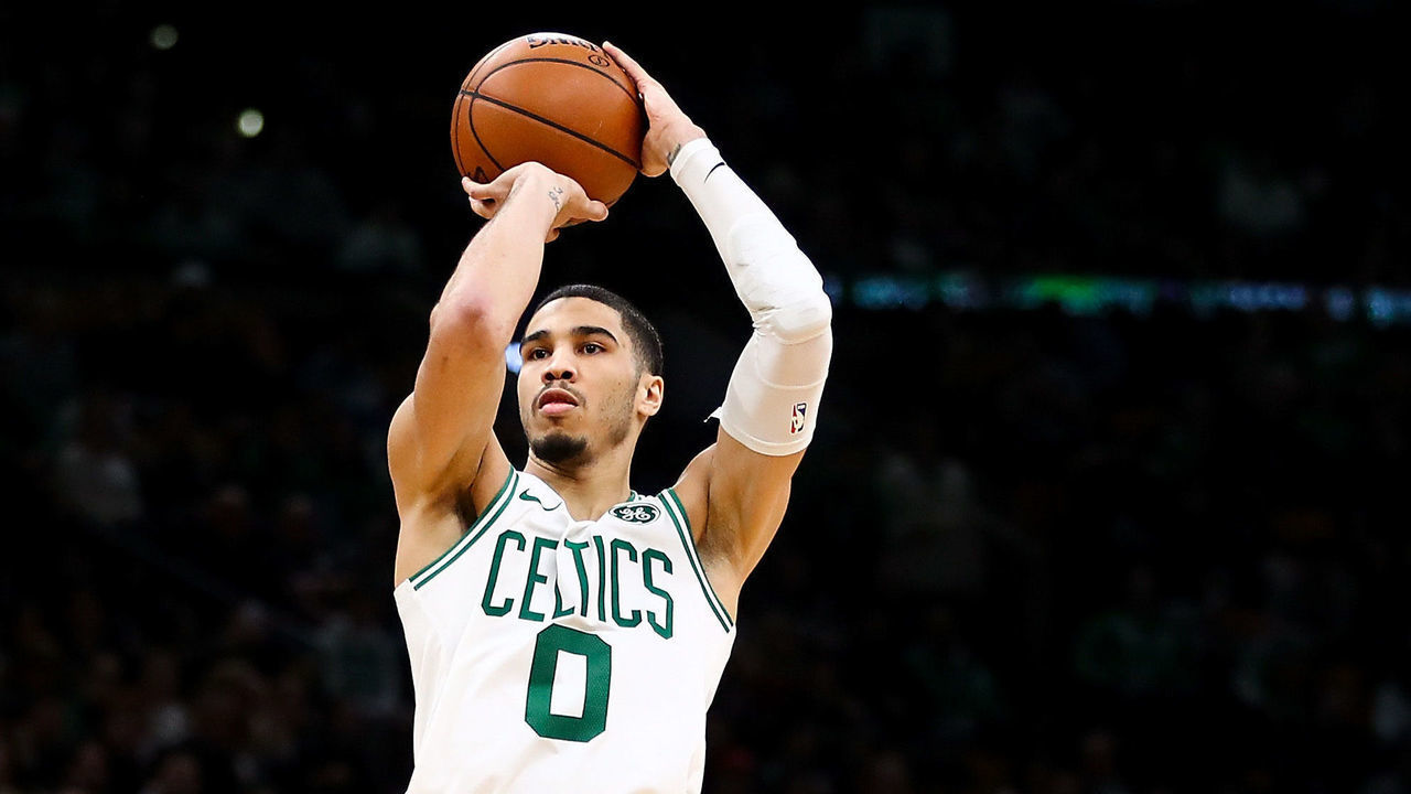 BOSTON, MA - FEBRUARY 13: Jayson Tatum #0 of the Boston Celtics shoots the ball during a game against the Detroit Pistons at TD Garden on February 13, 2019 in Boston, Massachusetts.