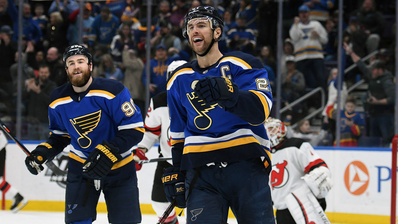ST. LOUIS, MO - FEBRUARY 12: St. Louis Blues defenseman Alex Pietrangelo (27) reacts after scoring a goal in the first period during an NHL game between the New Jersey Devils and the St. Louis Blues on February 12, 2019, at Enterprise Center, St. Louis, MO.
