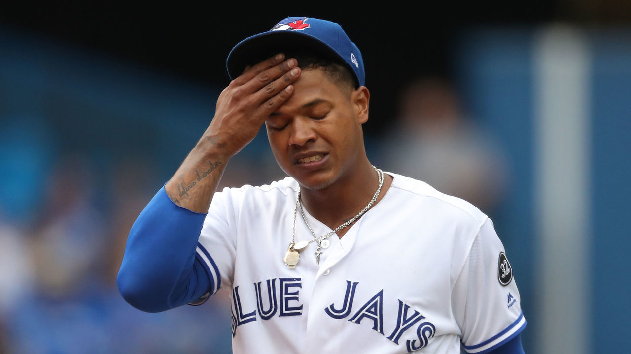 TORONTO, ON - JULY 21: Marcus Stroman #6 of the Toronto Blue Jays reacts in the seventh inning during MLB game action against the Baltimore Orioles at Rogers Centre on July 21, 2018 in Toronto, Canada.