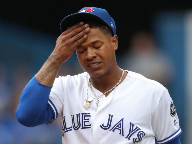 TORONTO, ON - JULY 21: Marcus Stroman #6 of the Toronto Blue Jays reacts in the seventh inning during MLB game action against the Baltimore Orioles at Rogers Centre on July 21, 2018 in Toronto, Canada.
