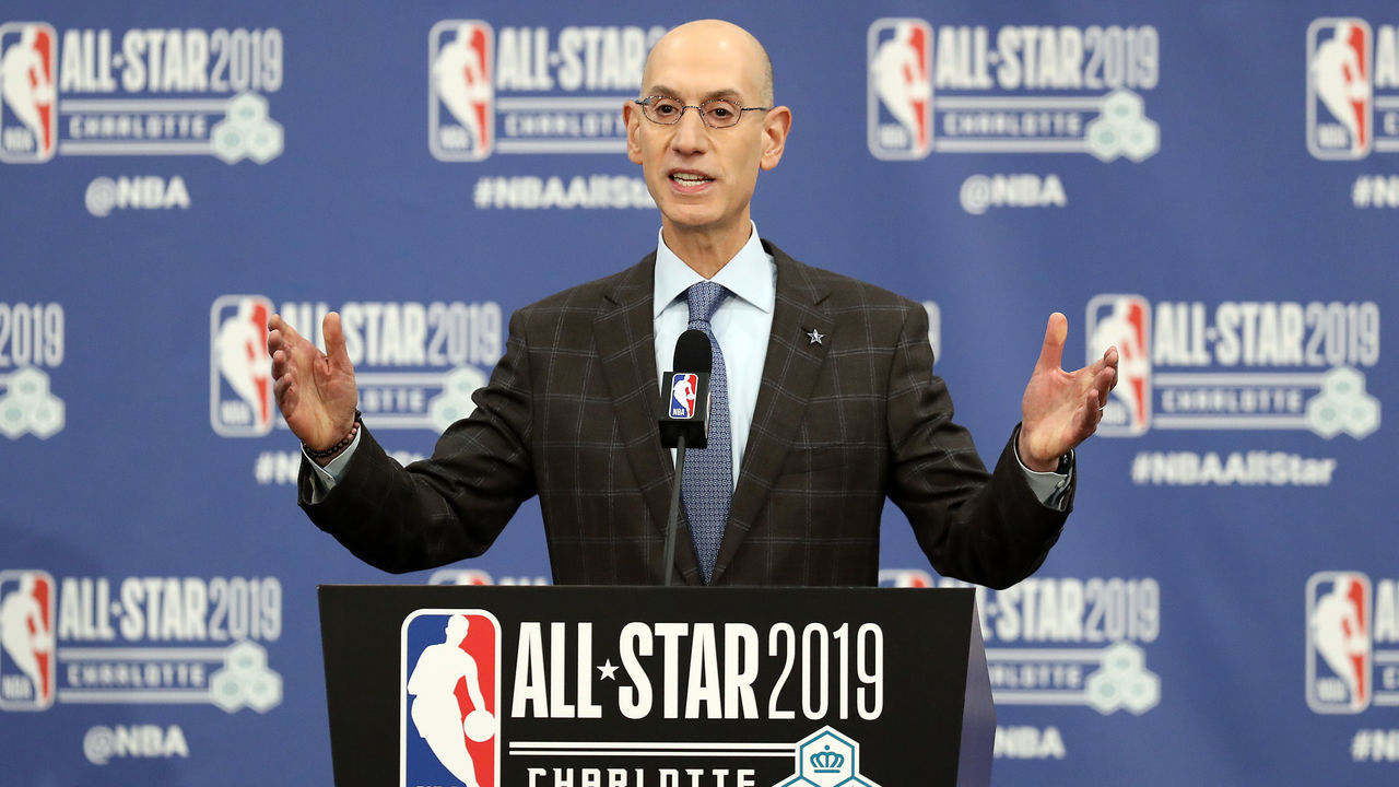 CHARLOTTE, NORTH CAROLINA - FEBRUARY 16: Adam Silver, NBA Commissioner, talks to the media during the NBA All Star Commissioner's Media Availability as part of the 2019 NBA All-Star Weekend at Spectrum Center on February 16, 2019 in Charlotte, North Carolina.