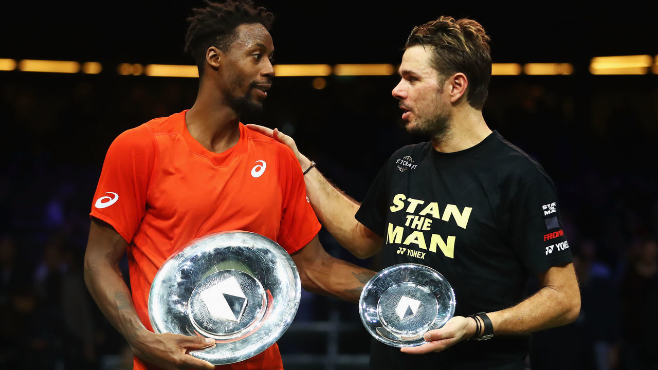 ROTTERDAM, NETHERLANDS - FEBRUARY 17: Gael Monfils (L) of France celebrates his victory against Stan Wawrinka (R) of Switzerland as they pose with their trophies after the Mens Final during Day 7 of the ABN AMRO World Tennis Tournament at Rotterdam Ahoy on February 17, 2019 in Rotterdam, Netherlands.