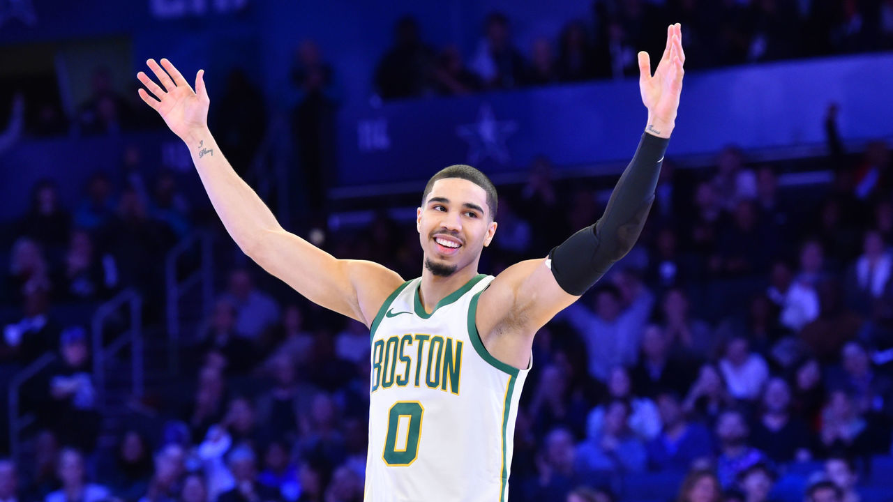CHARLOTTE, NC - FEBRUARY 16: Jayson Tatum #0 of the Boston Celtics reacts after winning the 2019 Taco Bell Skills Challenge on February 16, 2019 at Spectrum Center in Charlotte, North Carolina. Mandatory Copyright Notice: Copyright 2019 NBAE
