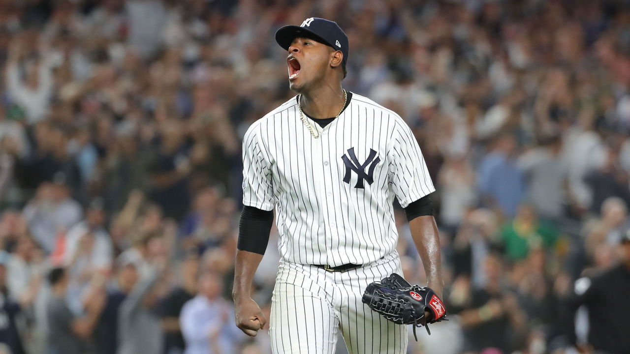 NEW YORK, NY - OCTOBER 3: Luis Severino #40 of the New York Yankees celebrates during the American League Wild Card game against the Oakland Athletics at Yankee Stadium on Wednesday, October 3, 2018 in the Bronx borough of New York City.
