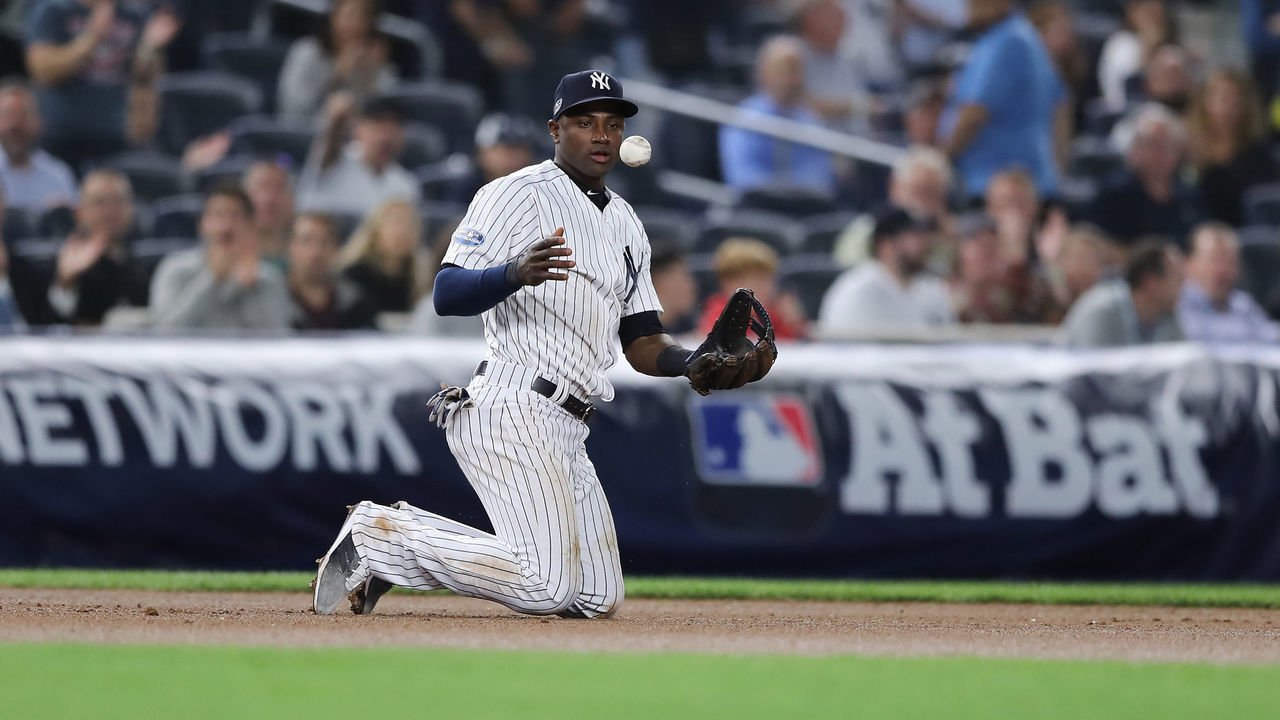 NEW YORK, NEW YORK - OCTOBER 03: Adeiny Hechavarria #29 of the New York Yankees reacts after making an out against the Oakland Athletics during the seventh inning in the American League Wild Card Game at Yankee Stadium on October 03, 2018 in the Bronx borough of New York City.