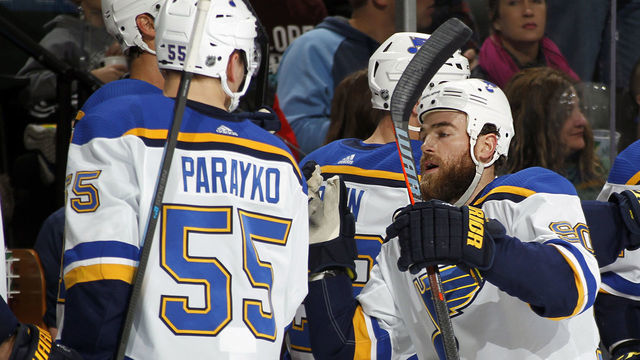 ST. PAUL, MN - FEBRUARY 17: Ryan O'Reilly #90 of the St. Louis Blues celebrates his 1st period power play goal during a game with the Minnesota Wild at Xcel Energy Center on February 17, 2019 in St. Paul, Minnesota.