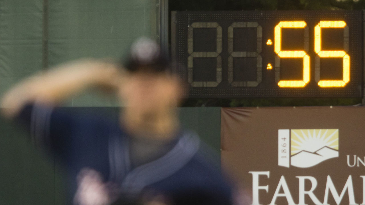 PORTLAND, ME - AUGUST 23: With the pitchers warm up clock running in the background, a New Hampshire Fisher Cats pitcher warms up during AA baseball action against the Portland Sea Dogs at Hadlock Field in Portland on August 23, 2016.