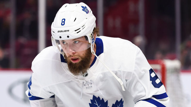 MONTREAL, QC - FEBRUARY 09: Look on Toronto Maple Leafs defenceman Jake Muzzin (8) at warm-up before the Toronto Maple Leafs versus the Montreal Canadiens game on February 09, 2019, at Bell Centre in Montreal, QC