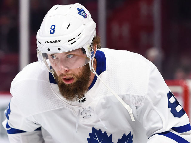 MONTREAL, QC - FEBRUARY 09: Look on Toronto Maple Leafs defenceman Jake Muzzin (8) at warm-up before the Toronto Maple Leafs versus the Montreal Canadiens game on February 09, 2019, at Bell Centre in Montreal, QC