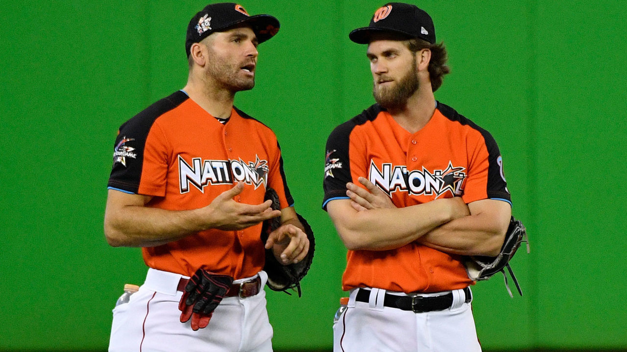 MIAMI, FL - JULY 11: Joey Votto #19 of the Cincinnati Reds and the National League and Bryce Harper #34 of the Washington Nationals and the National League stand in the outfield during batting practice for the 88th MLB All-Star Game at Marlins Park on July 11, 2017 in Miami, Florida.