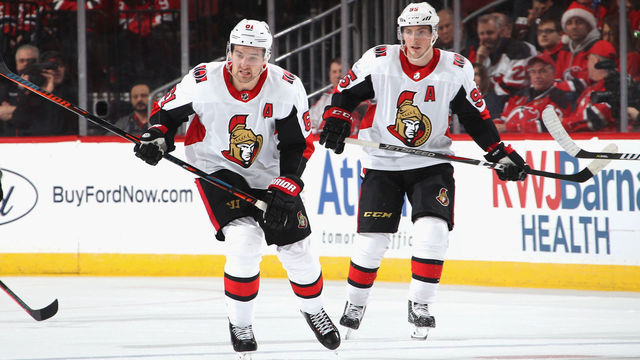 NEWARK, NEW JERSEY - DECEMBER 21: Mark Stone #61 and Matt Duchene #95 of the Ottawa Senators skate against the New Jersey Devils at the Prudential Center on December 21, 2018 in Newark, New Jersey.