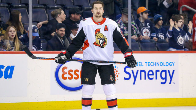 WINNIPEG, MB - FEBRUARY 16: Mark Stone #61 of the Ottawa Senators takes part in the pre-game warm up prior to NHL action against the Winnipeg Jets at the Bell MTS Place on February 16, 2019 in Winnipeg, Manitoba, Canada.