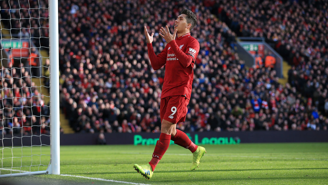 LIVERPOOL, ENGLAND - FEBRUARY 09: Roberto Firmino of Liverpool rues a missed opportunity during the Premier League match between Liverpool and AFC Bournemouth at Anfield on February 9, 2019 in Liverpool, United Kingdom.