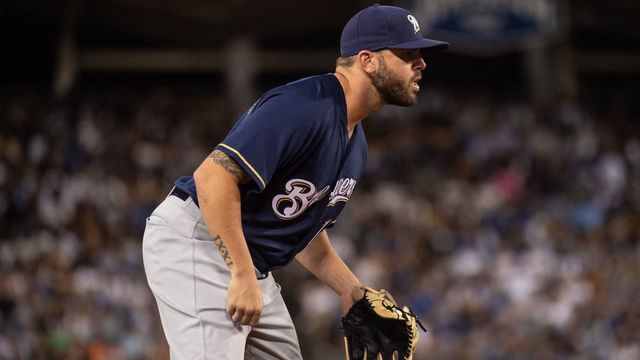 LOS ANGELES, CA - AUGUST 02: Milwaukee Brewers third baseman Mike Moustakas during a MLB game between the Milwaukee Brewers and the Los Angeles Dodgers on August 2, 2018 at Dodger Stadium in Los Angeles, CA.