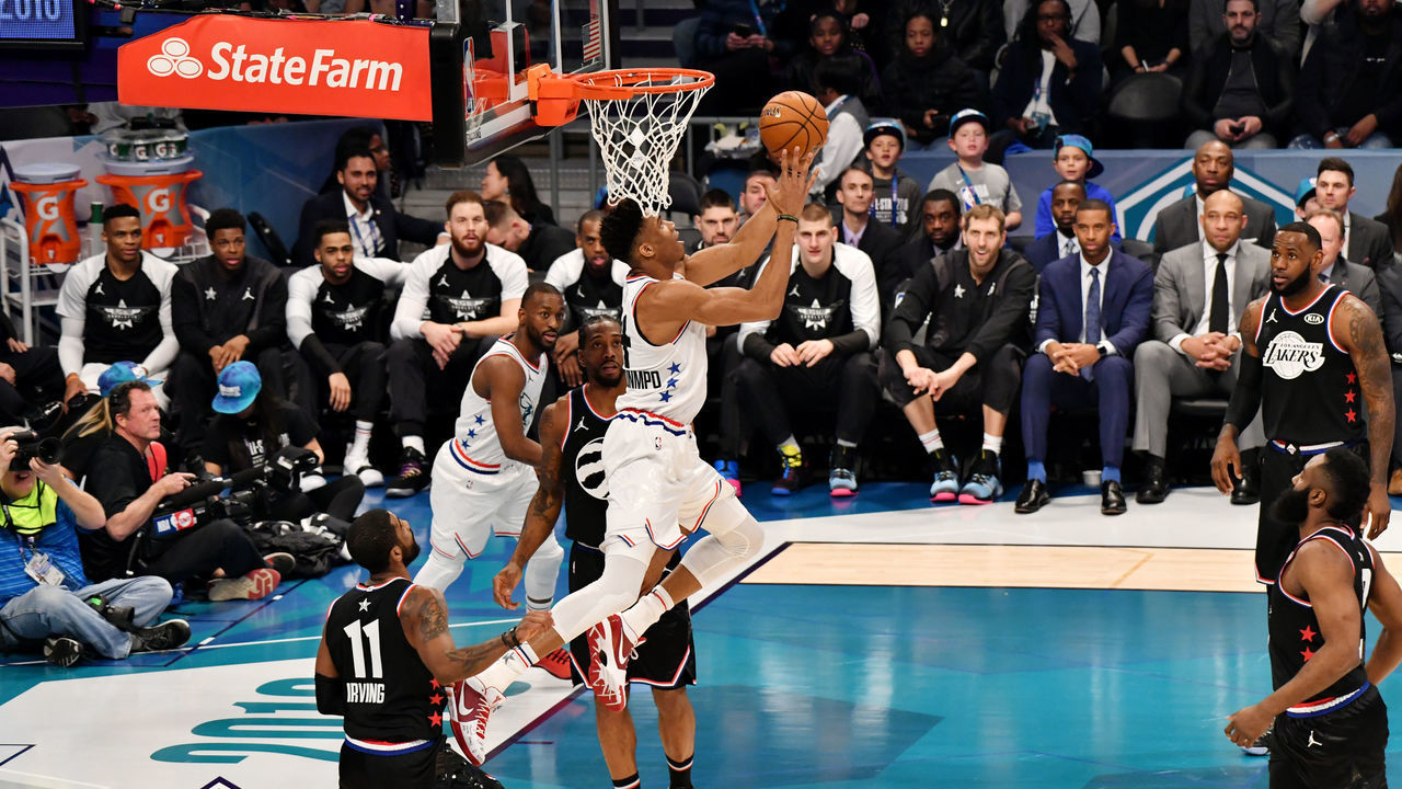 CHARLOTTE, NC - FEBRUARY 17: Giannis Antetokounmpo #34 of Team Giannis shoots the ball against Team LeBron during the 2019 NBA All Star Game on February 17, 2019 at Spectrum Center in Charlotte, North Carolina. Mandatory Copyright Notice: Copyright 2019 NBAE