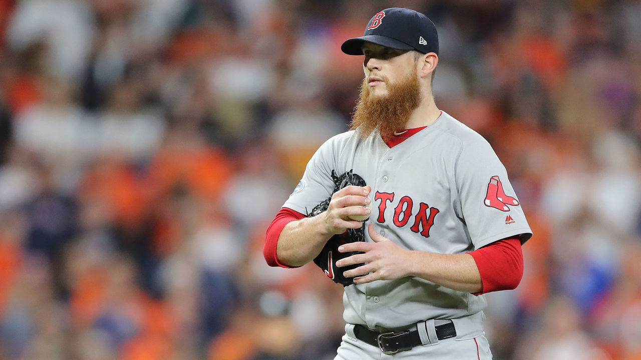 HOUSTON, TX - OCTOBER 18: Craig Kimbrel #46 of the Boston Red Sox looks on in the ninth inning against the Houston Astros during Game Five of the American League Championship Series at Minute Maid Park on October 18, 2018 in Houston, Texas.