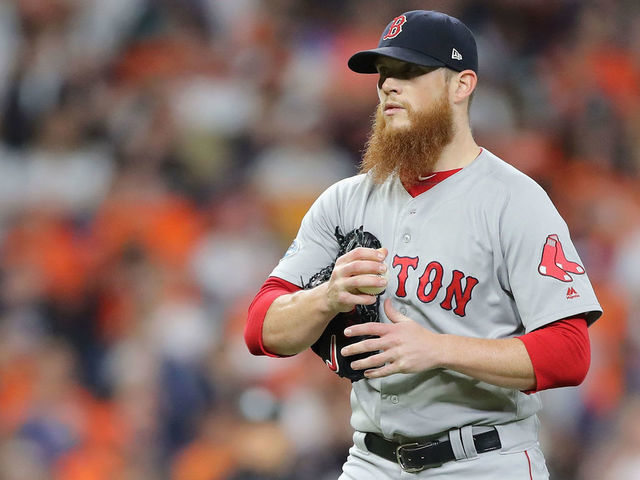 HOUSTON, TX - OCTOBER 18: Craig Kimbrel #46 of the Boston Red Sox looks on in the ninth inning against the Houston Astros during Game Five of the American League Championship Series at Minute Maid Park on October 18, 2018 in Houston, Texas.