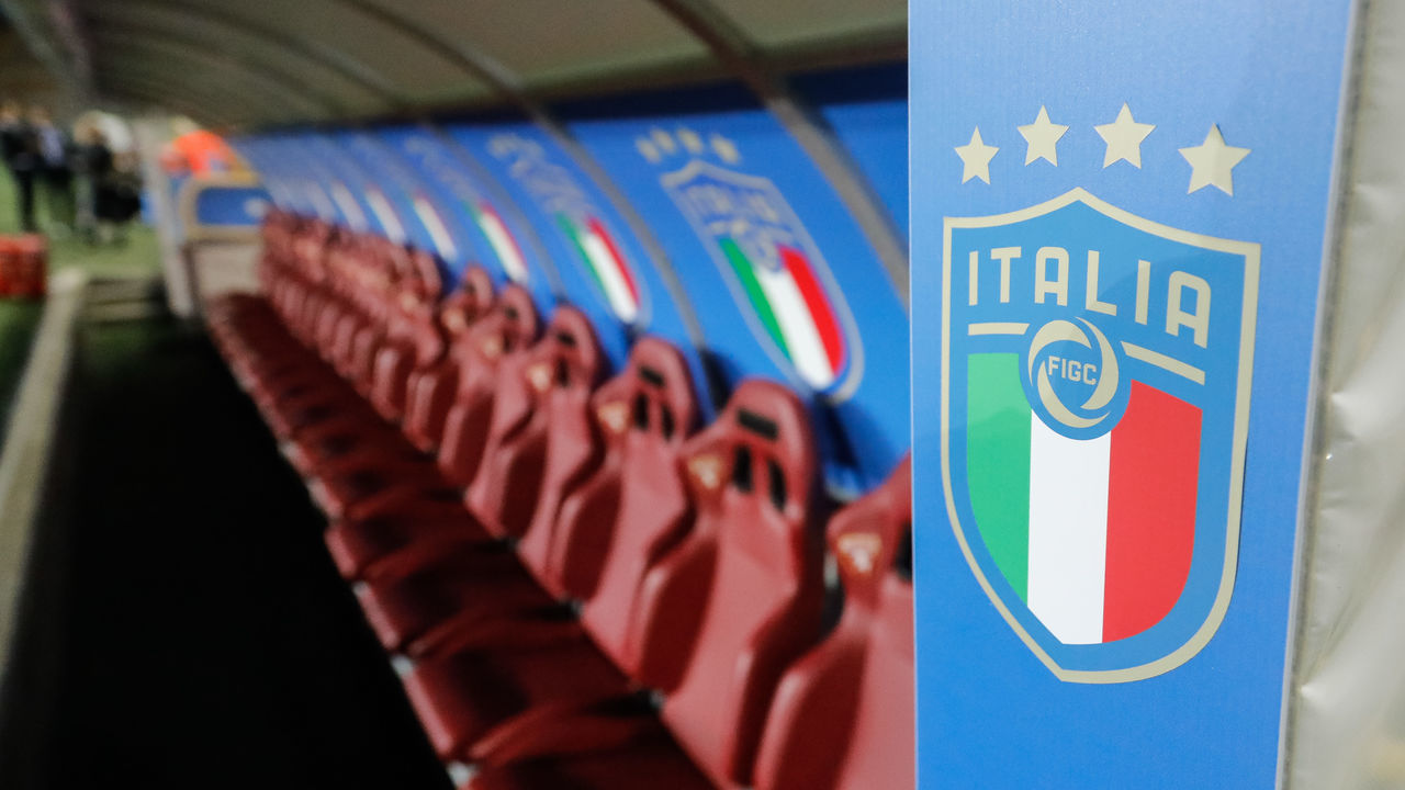 New logo of the Italian Football Federation (FIGC) is seen decorating the bench during the 2018 FIFA World Cup Russia qualifier Group G football match between Italy and FYR Macedonia at Stadio Olimpico on October 6, 2017 in Turin, Italy.