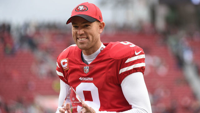 SANTA CLARA, CA - DECEMBER 16: San Francisco 49ers Place Kicker Robbie Gould (9) with the 2019 Walter Payton Man of the Year Award nomination during the NFL game between the Seattle Seahawks and the San Francisco 49ers on December 16, 2018 at Levi's Stadium in Santa Clara, CA.