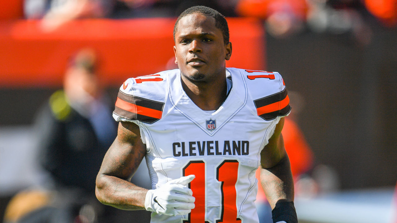 CLEVELAND, OH - OCTOBER 14: Antonio Callaway #11 of the Cleveland Browns runs onto the field during the player introduction prior to the game against the Los Angeles Chargers at FirstEnergy Stadium on October 14, 2018 in Cleveland, Ohio.