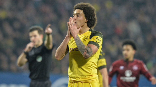 Dortmund's Belgian midfielder Axel Witsel reacts after a missed chance during the German first division Bundesliga match between 1 FC Nuremberg and Borussia Dortmund in Nuremberg, southern Germany, on February 18, 2019.