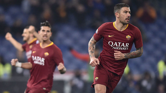 Aleksandar Kolarov of AS Roma celebrates scoring during the Serie A match between Roma and Bologna at Stadio Olimpico, Rome, Italy on 18 February 2019.