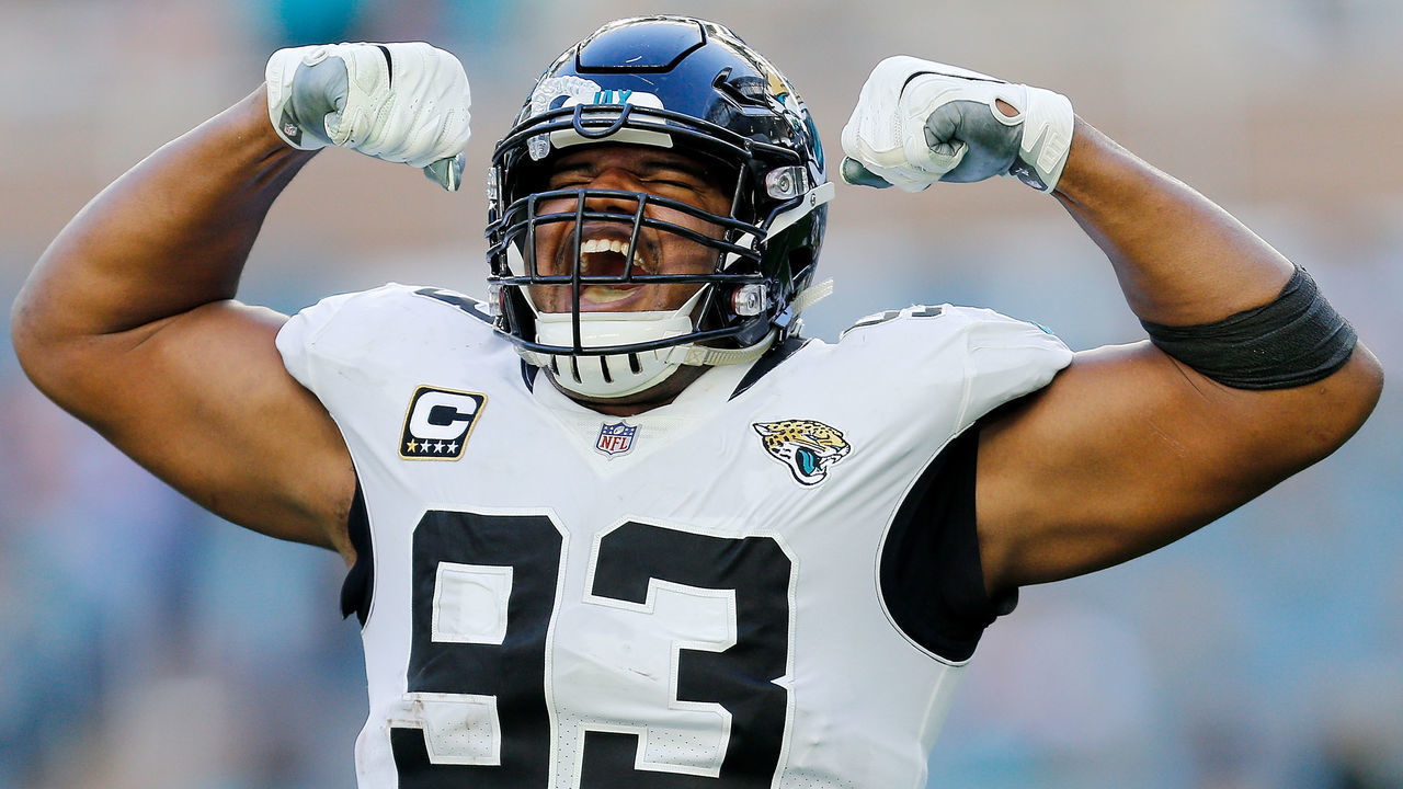 MIAMI, FL - DECEMBER 23: Calais Campbell #93 of the Jacksonville Jaguars reacts after forcing a fumble against the Miami Dolphins at Hard Rock Stadium on December 23, 2018 in Miami, Florida.