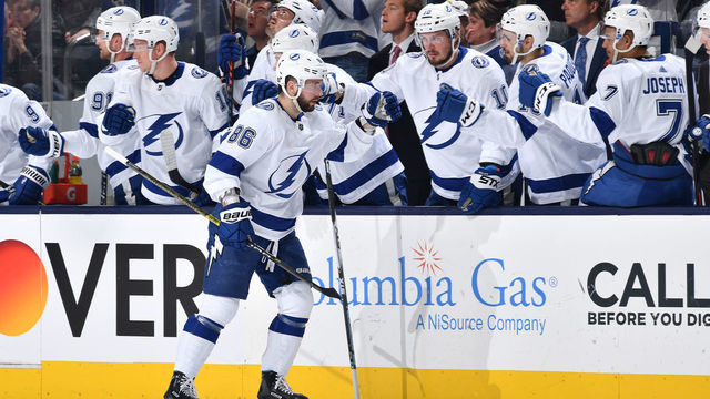 COLUMBUS, OH - FEBRUARY 18: Nikita Kucherov #86 of the Tampa Bay Lightning high-fives his teammates after scoring a goal during the first period of a game against the Columbus Blue Jackets on February 18, 2019 at Nationwide Arena in Columbus, Ohio.