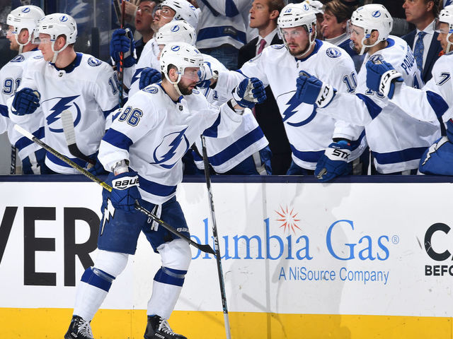 COLUMBUS, OH - FEBRUARY 18: Nikita Kucherov #86 of the Tampa Bay Lightning high-fives his teammates after scoring a goal during the first period of a game against the Columbus Blue Jackets on February 18, 2019 at Nationwide Arena in Columbus, Ohio.