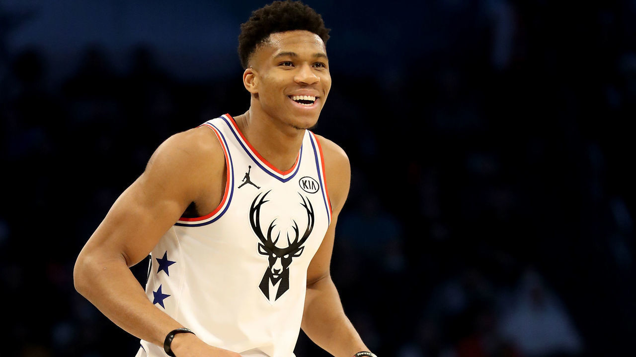 CHARLOTTE, NORTH CAROLINA - FEBRUARY 17: Giannis Antetokounmpo #34 of the Milwaukee Bucks and Team Giannis reacts against Team LeBron in the first quarter during the NBA All-Star game as part of the 2019 NBA All-Star Weekend at Spectrum Center on February 17, 2019 in Charlotte, North Carolina. NOTE TO USER: User expressly acknowledges and agrees that, by downloading and/or using this photograph, user is consenting to the terms and conditions of the Getty Images License Agreement.