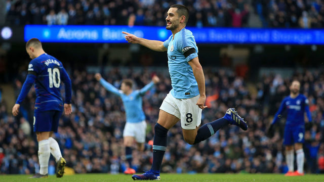 MANCHESTER, ENGLAND - FEBRUARY 10: Ilkay Gundogan of Man City celebrates after scoring their 3rd goal during the Premier League match between Manchester City and Chelsea at the Etihad Stadium on February 10, 2019 in Manchester, United Kingdom.