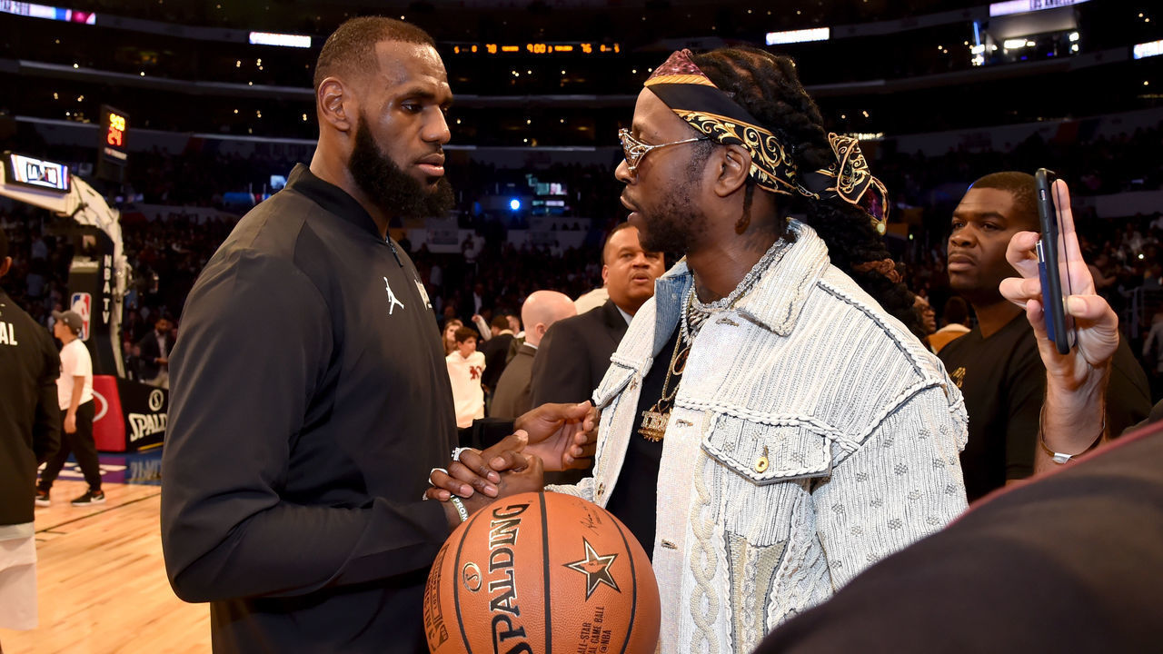 LOS ANGELES, CA - FEBRUARY 18: LeBron James (L) and 2 Chainz attend the 67th NBA All-Star Game: Team LeBron Vs. Team Stephen at Staples Center on February 18, 2018 in Los Angeles, California.