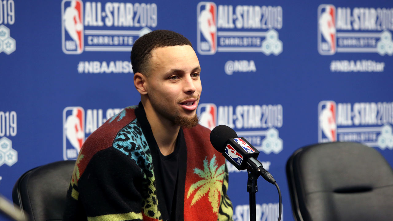 CHARLOTTE, NC - FEBRUARY 17: Stephen Curry #30 of Team Giannis speaks to the media during a press conference after the 2019 NBA All-Star Game on February 17, 2019 at the Spectrum Center in Charlotte, North Carolina. NOTE TO USER: User expressly acknowledges and agrees that, by downloading and/or using this photograph, user is consenting to the terms and conditions of the Getty Images License Agreement. Mandatory Copyright Notice: Copyright 2019 NBAE
