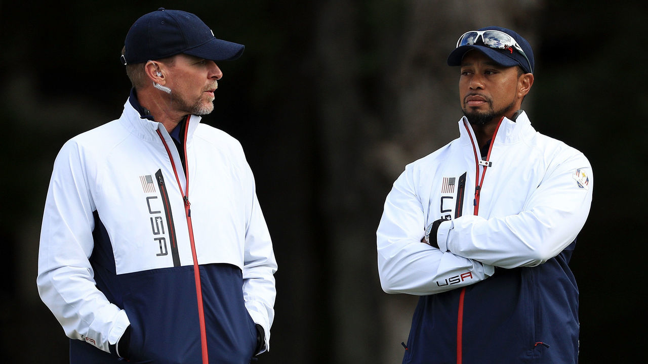 CHASKA, MN - SEPTEMBER 28: Vice-captains Steve Stricker and Tiger Woods of the United States look on during practice prior to the 2016 Ryder Cup at Hazeltine National Golf Club on September 28, 2016 in Chaska, Minnesota.