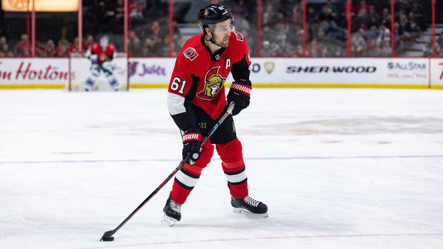 OTTAWA, ON - JANUARY 06: Ottawa Senators Right Wing Mark Stone (61) prepares to release a shot during second period National Hockey League action between the Carolina Hurricanes and Ottawa Senators on January 6, 2019, at Canadian Tire Centre in Ottawa, ON, Canada.
