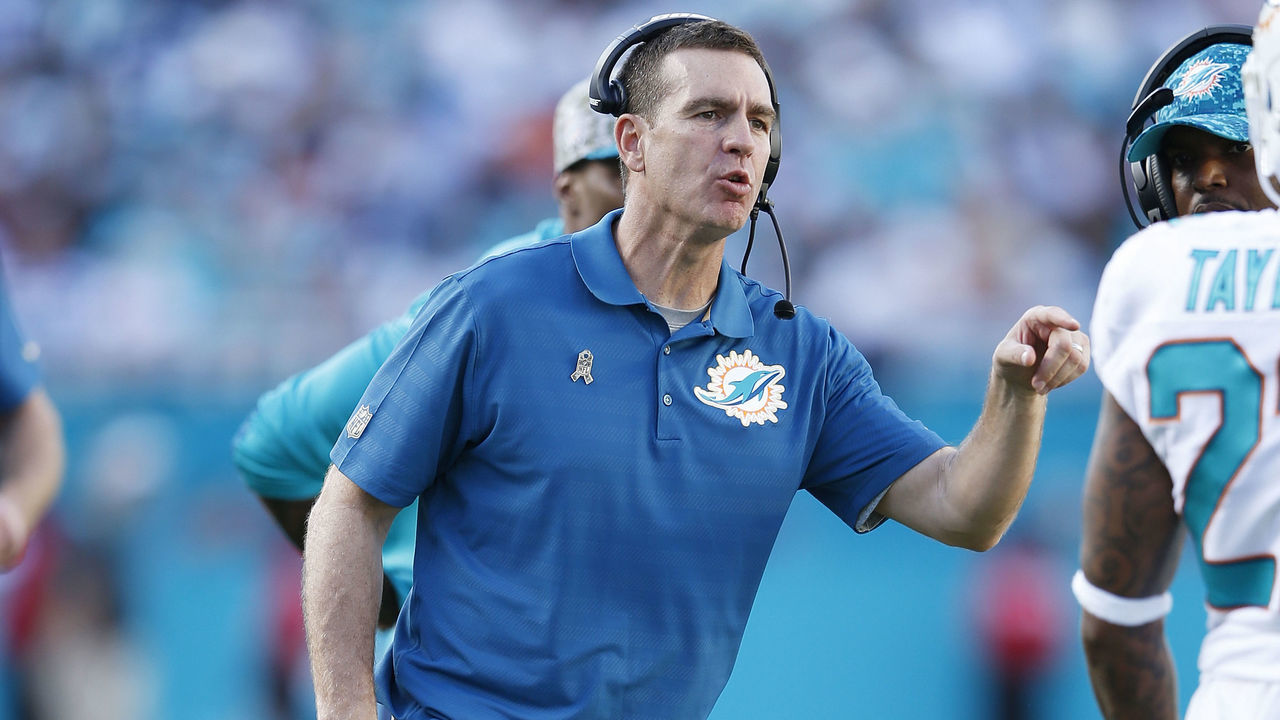 MIAMI GARDENS, FL - NOVEMBER 22: Defensive coordinator Lou Anarumo of the Miami Dolphins looks on against the Dallas Cowboys during the game at Sun Life Stadium on November 22, 2015 in Miami Gardens, Florida. Dallas defeated Miami 24-14.