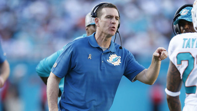MIAMI GARDENS, FL - NOVEMBER 22: Defensive coordinator Lou Anarumo of the Miami Dolphins looks on against the Dallas Cowboys during the game at Sun Life Stadium on November 22, 2015 in Miami Gardens, Florida. Dallas defeated Miami 24-14.