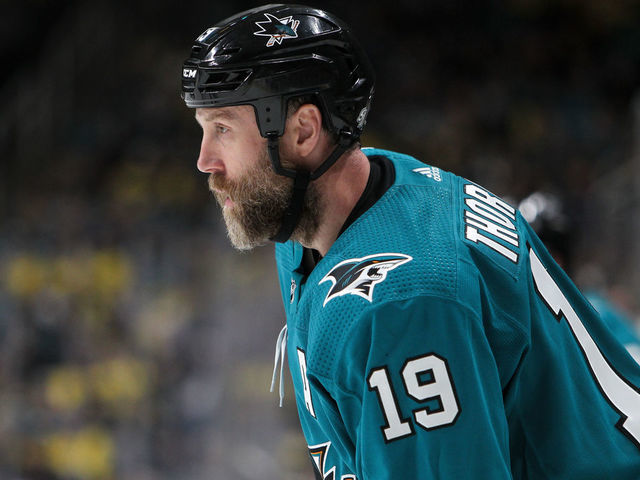 SAN JOSE, CA - FEBRUARY 16: Joe Thornton #19 of the San Jose Sharks prepares for a face-off against the Vancouver Canucks at SAP Center on February 16, 2019 in San Jose, California