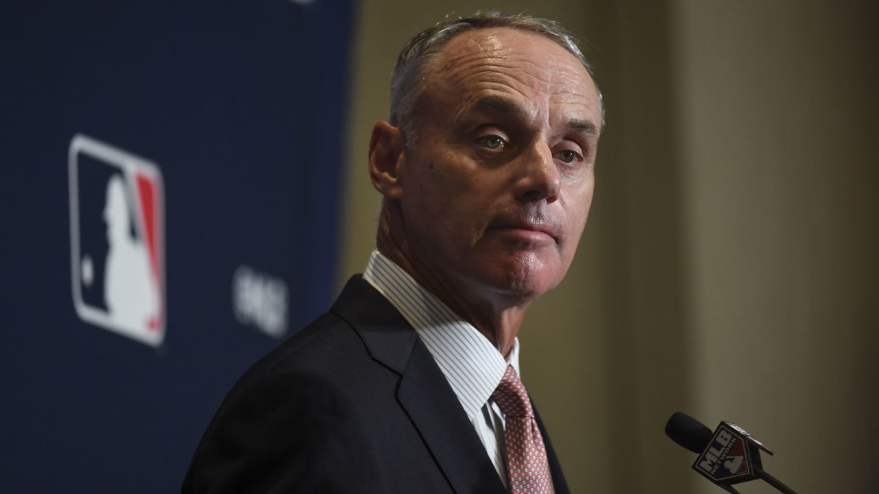 WEST PALM BEACH, FL - FEBRUARY 17: Major League Baseball commissioner Rob Manfred answers questions Sunday at Spring Training Media Day at the Hilton West Palm Beach on Sunday, February 17, 2019.