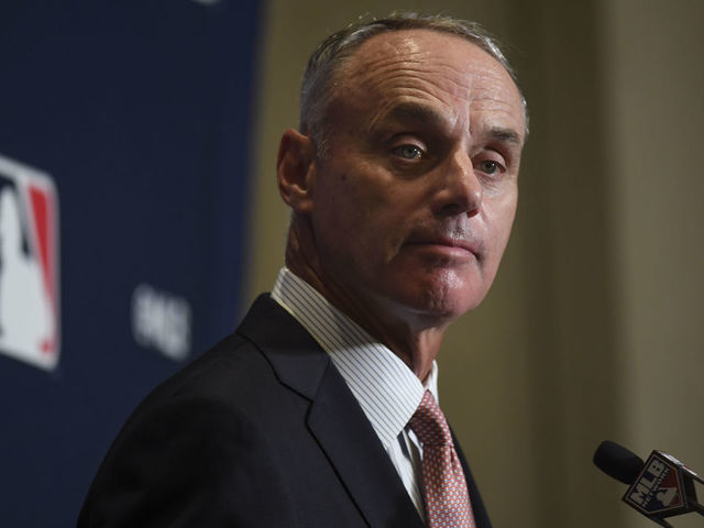 WEST PALM BEACH, FL - FEBRUARY 17: Major League Baseball commissioner Rob Manfred answers questions Sunday at Spring Training Media Day at the Hilton West Palm Beach on Sunday, February 17, 2019.