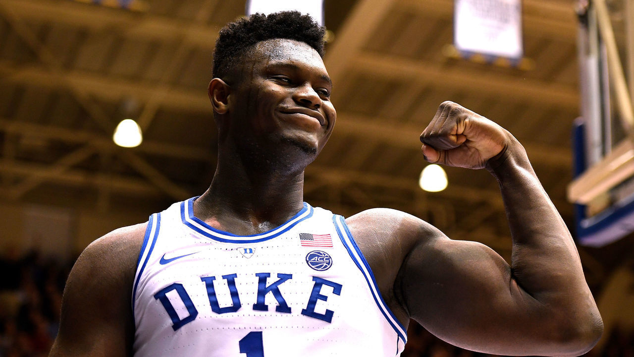 DURHAM, NC - FEBRUARY 16: Zion Williamson #1 of the Duke Blue Devils reacts during their game against the North Carolina State Wolfpack at Cameron Indoor Stadium on February 16, 2019 in Durham, North Carolina. Duke won 94-78.
