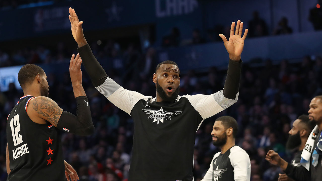 CHARLOTTE, NORTH CAROLINA - FEBRUARY 17: LeBron James #23 of the LA Lakers and Team LeBron reacts as they take on Team Giannis in the fourth quarter during the NBA All-Star game as part of the 2019 NBA All-Star Weekend at Spectrum Center on February 17, 2019 in Charlotte, North Carolina. Team LeBron won 178-164. NOTE TO USER: User expressly acknowledges and agrees that, by downloading and/or using this photograph, user is consenting to the terms and conditions of the Getty Images License Agreement. Mandatory Copyright Notice: Copyright 2019 NBAE