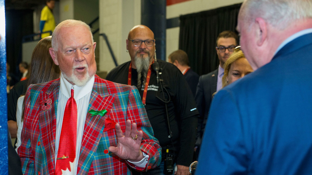 REGINA, SK - MAY 21: Television personality, Don Cherry of Coaches Corner speaks to team staff outside the dressing room at Brandt Centre - Evraz Place on May 21, 2018 in Regina, Canada.