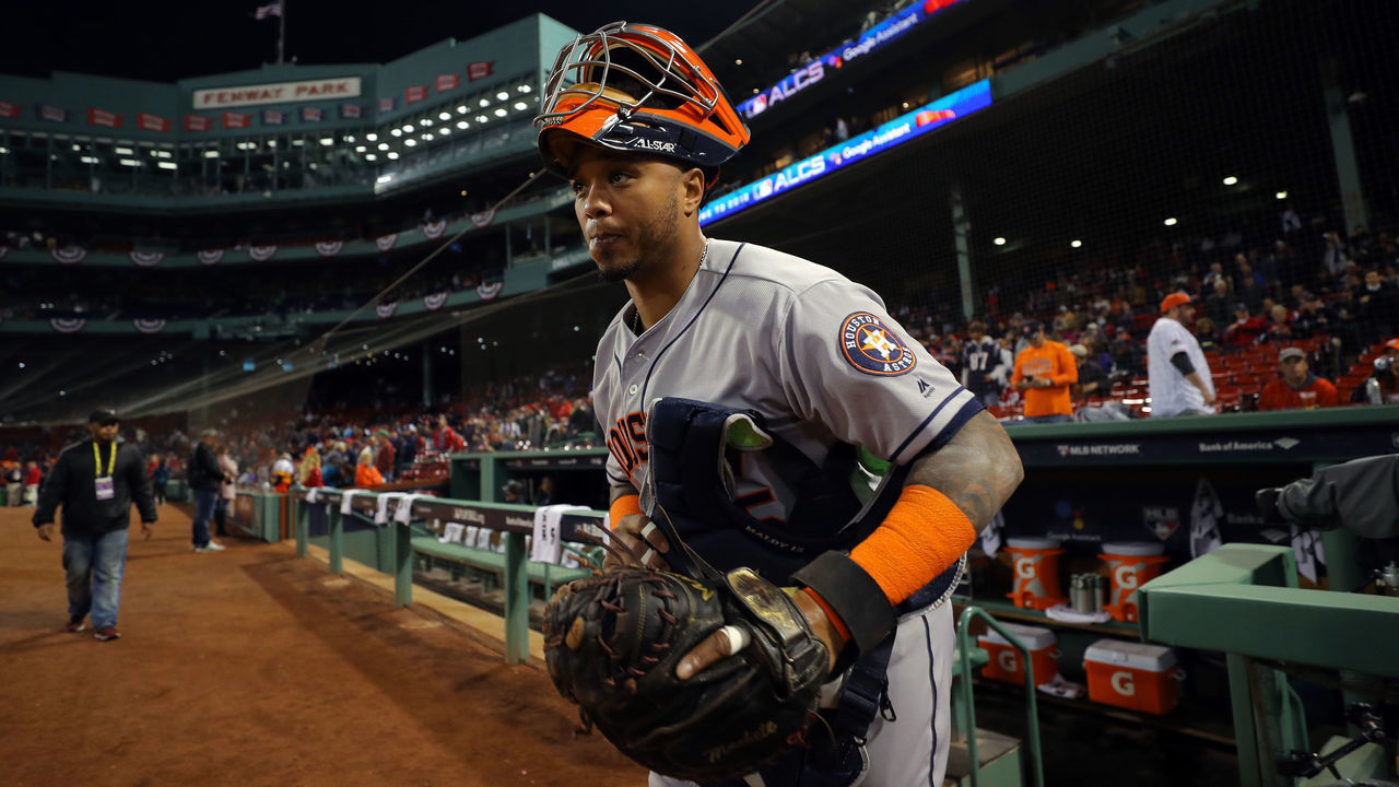 BOSTON, MA - OCTOBER 14: Martin Maldonado #15 of the Houston Astros jogs out to the bullpen prior to Game 2 of the ALCS against the Boston Red Sox at Fenway Park on Sunday, October 14, 2018 in Boston, Massachusetts.