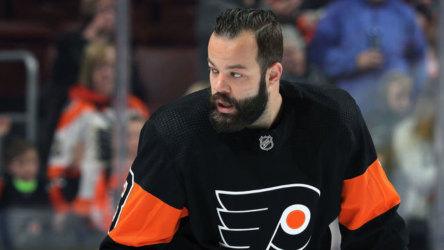 PHILADELPHIA, PA - FEBRUARY 09: Radko Gudas #3 of the Philadelphia Flyers looks on during warm-ups against the Anaheim Ducks on February 9, 2019 at the Wells Fargo Center in Philadelphia, Pennsylvania.