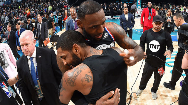 CHARLOTTE, NC - FEBRUARY 17: LeBron James #23 and Kyrie Irving #11 of Team LeBron hug after the 2019 NBA All-Star Game on February 17, 2019 at the Spectrum Center in Charlotte, North Carolina. NOTE TO USER: User expressly acknowledges and agrees that, by downloading and/or using this photograph, user is consenting to the terms and conditions of the Getty Images License Agreement. Mandatory Copyright Notice: Copyright 2019 NBAE