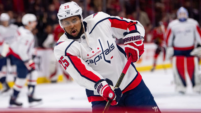 CHICAGO, IL - JANUARY 20: Washington Capitals right wing Devante Smith-Pelly (25) warms up prior to a game between the Washington Capitals and the Chicago Blackhawks on January 20, 2019, at the United Center in Chicago, IL.