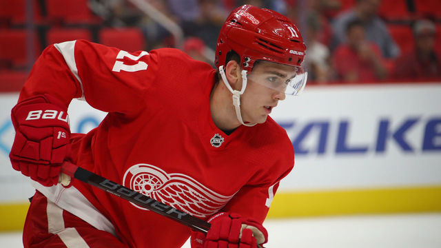 DETROIT, MI - SEPTEMBER 20: Filip Zadina #11 of the Detroit Red Wings skates against the Chicago Blackhawks during a pre season game at Little Caesars Arena on September 20, 2018 in Detroit, Michigan.