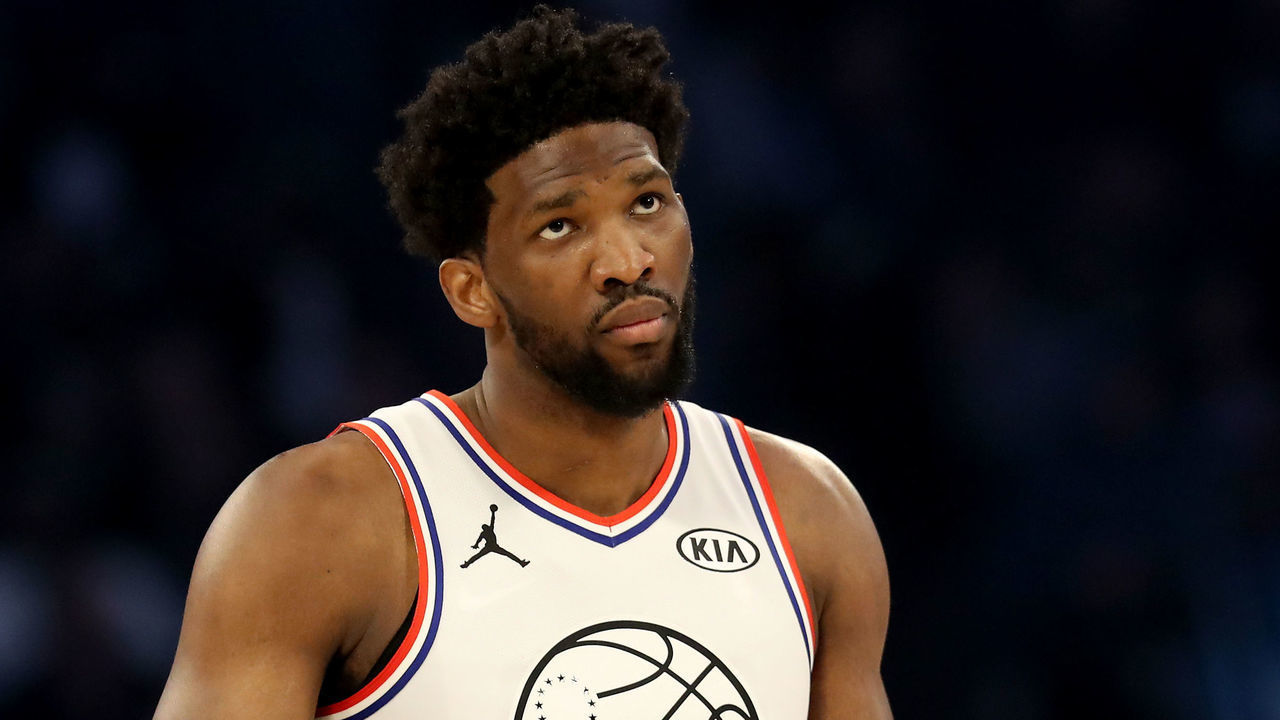 CHARLOTTE, NORTH CAROLINA - FEBRUARY 17: Joel Embiid #21 of the Philadelphia 76ers and Team Giannis reacts during the NBA All-Star game as part of the 2019 NBA All-Star Weekend at Spectrum Center on February 17, 2019 in Charlotte, North Carolina. NOTE TO USER: User expressly acknowledges and agrees that, by downloading and/or using this photograph, user is consenting to the terms and conditions of the Getty Images License Agreement. Mandatory Copyright Notice: Copyright 2019 NBAE